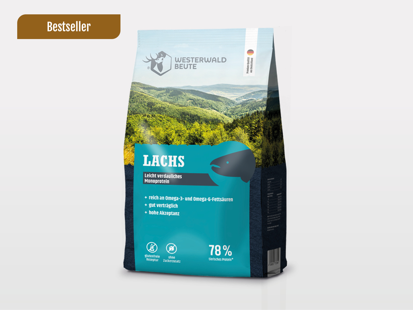Ein 15 kg schwerer Standbeutel mit Westerwälder Beute Lachs Trockenfutter ist mit Landschaftsbildern, deutschen Produktdetails, Monoprotein- und Omega-3-Fettsäuren-Symbolen und einem Bestseller-Tag versehen.