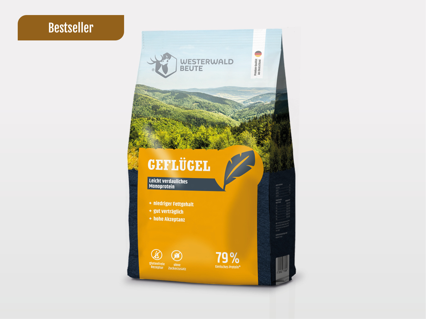 Ein 15-kg-Sack Westerwald Beute Geflügel Trockenfutter ist mit einem Naturszenen-Etikett mit gelbem und blauem Design, Glutenfrei- und Monoprotein-Symbolen sowie einem "Bestseller"-Banner in der oberen linken Ecke versehen.