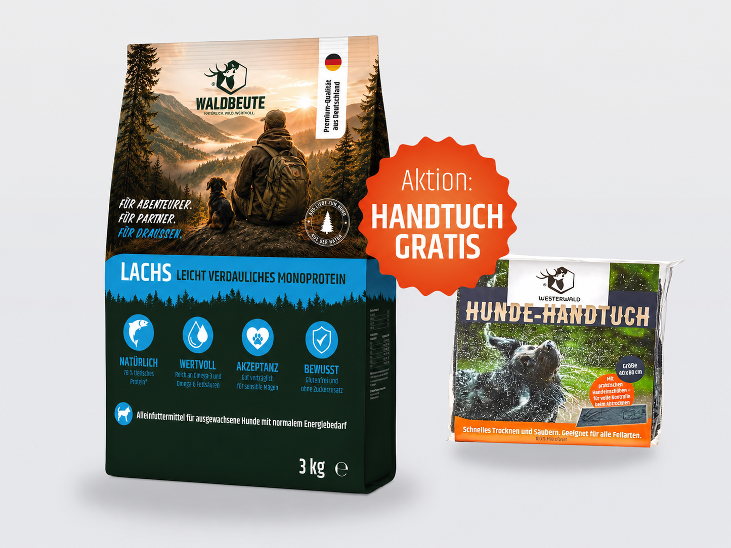 WALDBEUTE Lachs Trockenfutter – 3kg Beutel + Hunde-Handtuch gratis