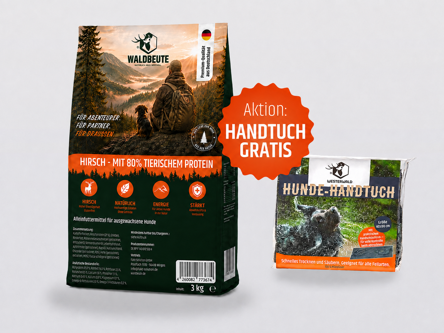 Hirsch Trockenfutter – 3kg Beutel + Hunde-Handtuch gratis