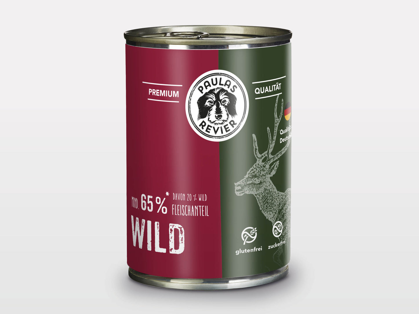 Eine 400g-Dose Paulas Revier Wild Dose ist mit einem Hirschbild, dem Etikett 65% Wild", einem kastanienbraunen und grünen Design, den Symbolen für Qualität und Getreidefreiheit sowie einem deutschen und englischen Text versehen - alles von der Marke Paulas Revier.