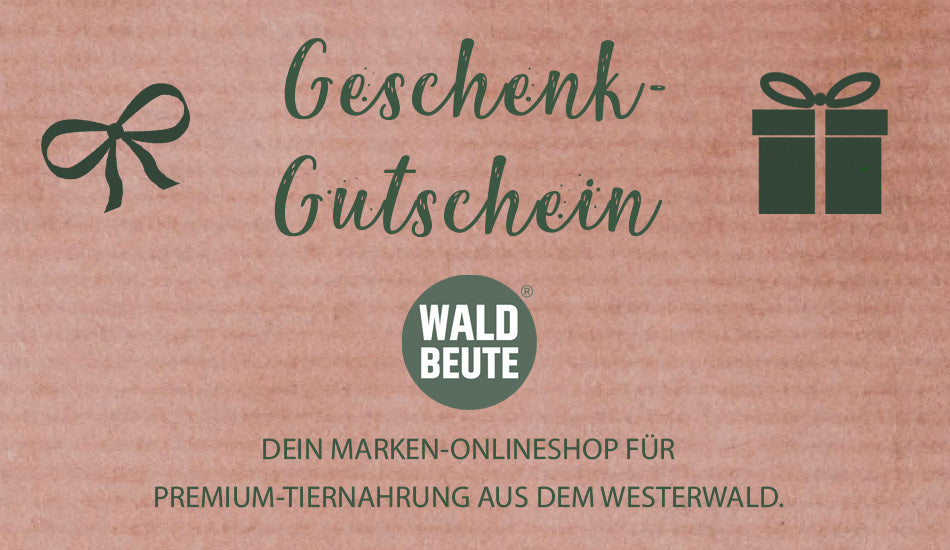 Geschenkgutschein für waldbeute.de von Waldbeute mit grüner Schleife und Geschenk-Icons. Perfekt für Hundehalter - entdecke Premium-Tiernahrung aus dem Westerwald!.