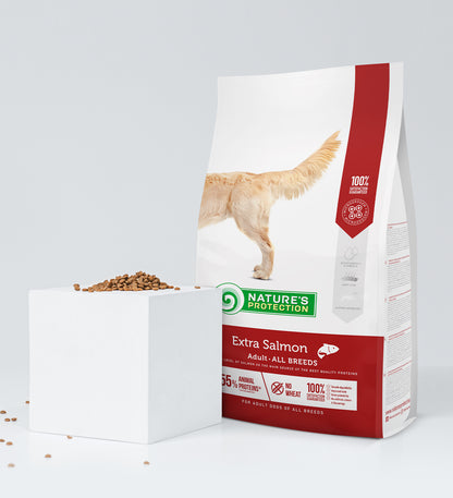 Ein 2kg-Sack Waldbeute NP Extra Lachs Hundefutter, reich an Omega-3-Fettsäuren und als Alleinfuttermittel gekennzeichnet, steht hinter einem weißen Würfel, auf dem und um den herum Kroketten liegen. Die Verpackung zeigt einen Teil eines goldenen Hundes.
