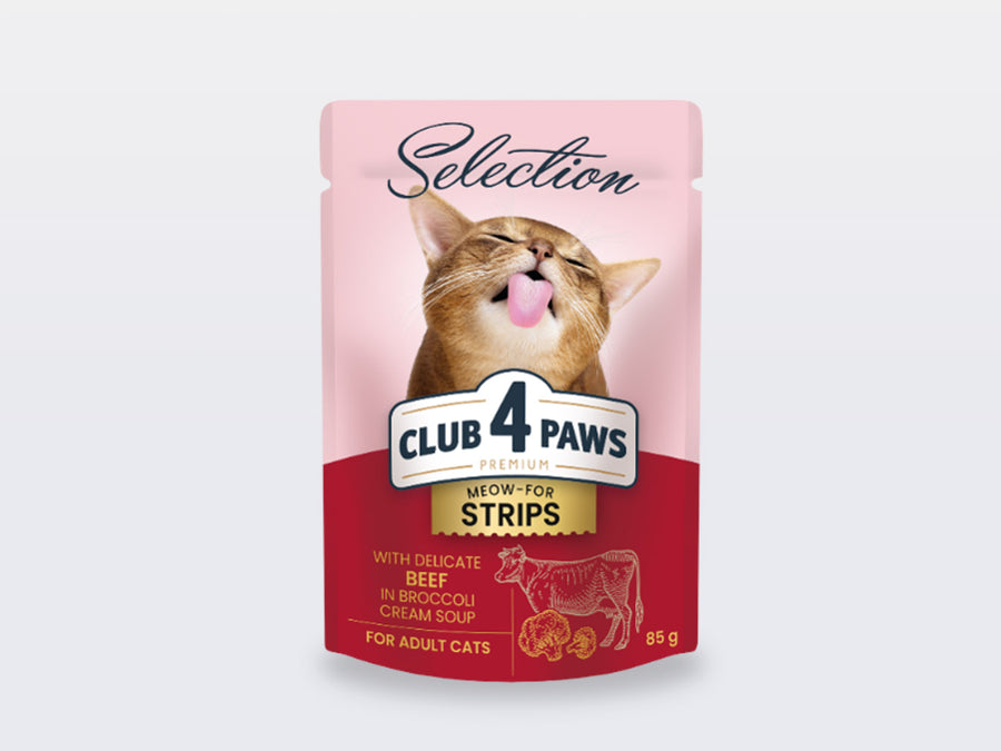 CLUB 4 PAWS Selection Feine Streifen mit Rind in cremiger Brokkoli-Suppe – 85g Beutel