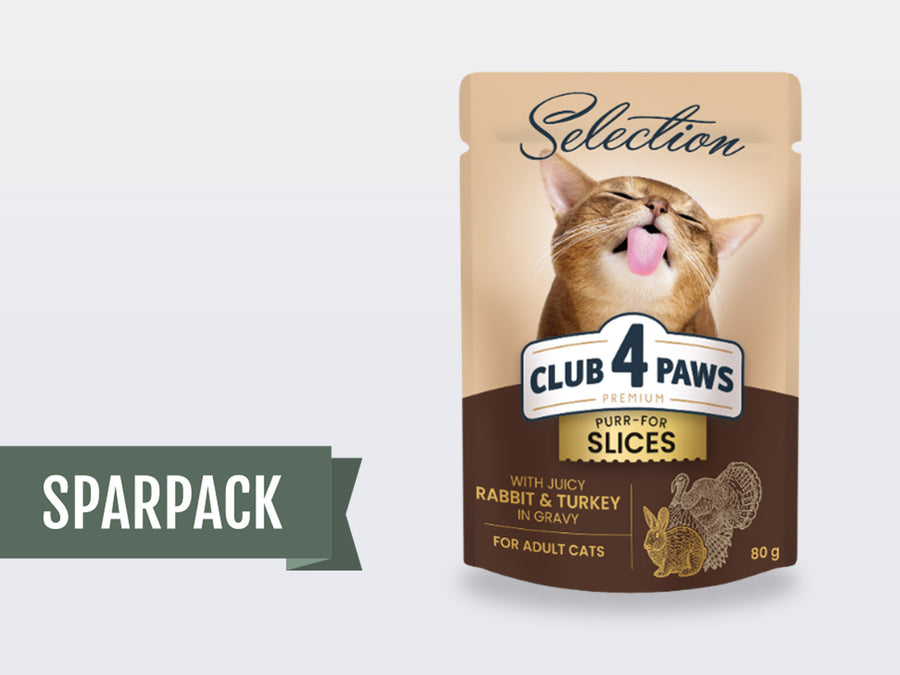 CLUB 4 PAWS Selection Happen mit Kaninchen und Truthahn in Sauce – 12 x 80g Beutel im Sparpack